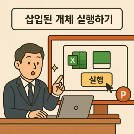 파워포인트에서 삽입된 개체를 실행하는 장면의 일러스트