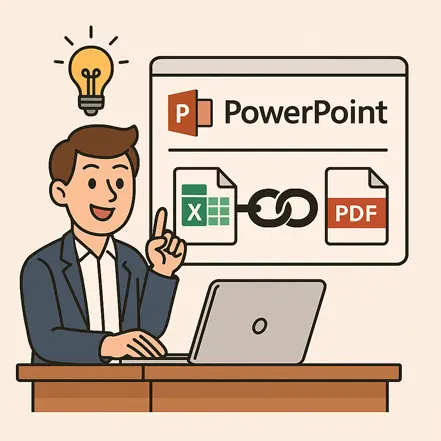 파워포인트에서 엑셀과 PDF 파일을 연결하는 객체 삽입 개념 일러스트