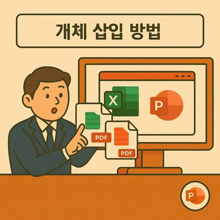 컴퓨터 앞에 앉은 남성이 발표 자료 화면 속 '개체 삽입' 텍스트와 파워포인트·엑셀 아이콘을 가리키는 장면의