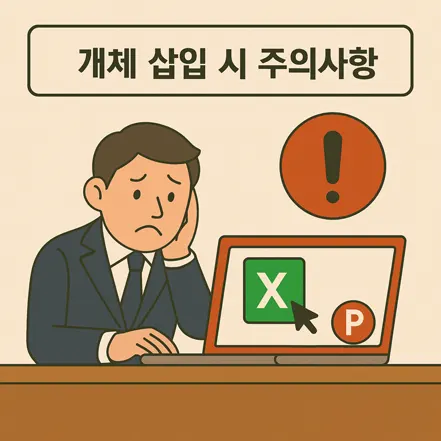 파워포인트 개체 삽입 시 주의사항을 나타내는 일러스트
