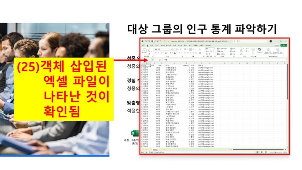 파워포인트에서 삽입된 엑셀 개체가 열려 있는 화면