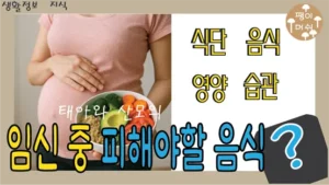 임신부가 배를 감싸고 건강한 음식이 담긴 그릇을 들고 있으며 '임신 중 피해야 할 음식?'이라는 문구가 있는 썸네일 이미지