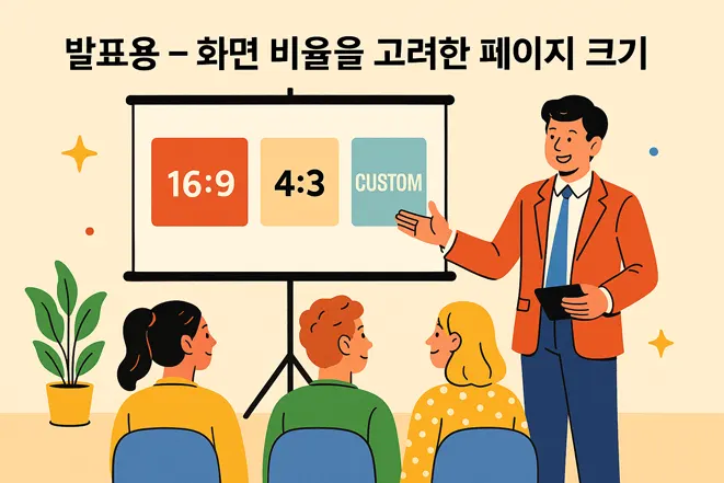 발표자가 16:9, 4:3, 사용자 지정 비율을 설명하는 발표 장면