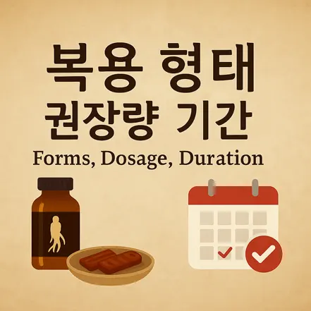 홍삼 복용 형태, 권장량, 기간을 설명하는 문구와 함께 홍삼 병, 절편, 달력이 그려진 이미지