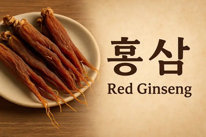 홍삼과 Red Ginseng 텍스트가 함께 있는 전통 건강식품 이미지