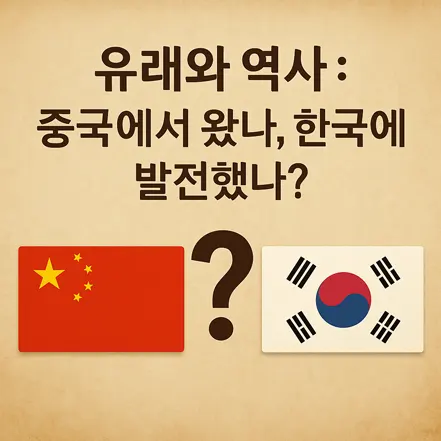 중국과 한국 국기, 그리고 '유래와 역사: 중국에서 왔나, 한국에 발전했나?'라는 질문이 적힌 이미지