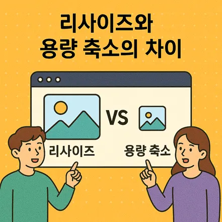 리사이즈와 용량 축소의 차이를 비교하는 일러스트, 두 명의 캐릭터와 VS 표시