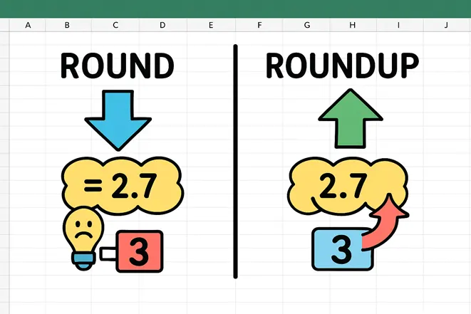 ROUND 함수와 ROUNDUP 함수의 차이점을 비교한 일러스트