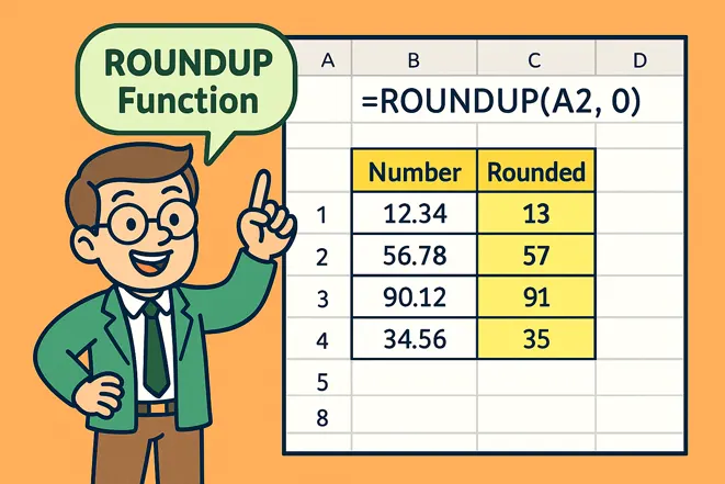 ROUNDUP 함수 실전 예제를 설명하는 만화 스타일 엑셀 일러스트