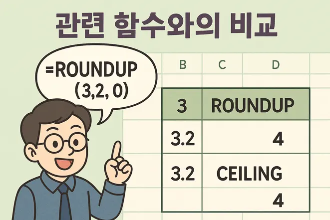 ROUNDUP과 CEILING 함수의 차이를 설명하는 엑셀 비교 일러스트