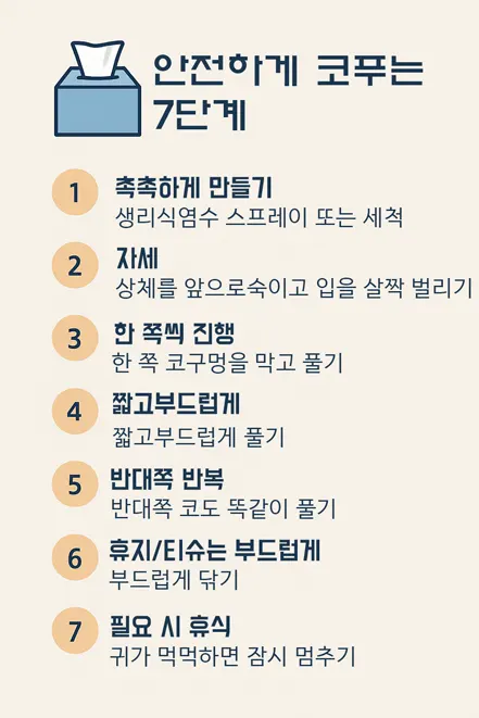 안전한 코 푸는 7단계를 설명하는 한국어 인포그래픽
