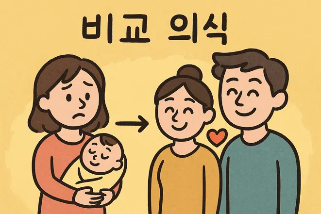 비교 의식으로 인한 출산 부담을 표현한 일러스트
