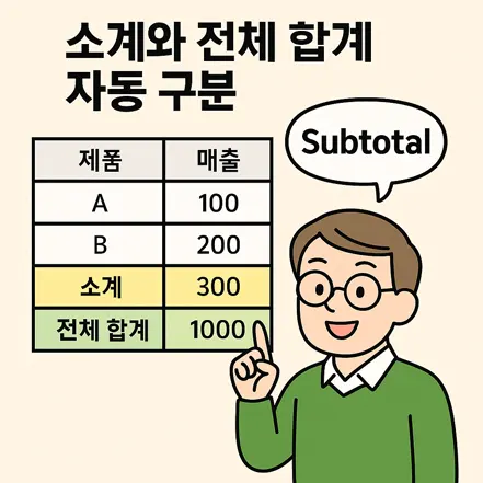 엑셀에서 소계와 전체 합계를 자동으로 구분하는 표와 캐릭터가 포함된 교육용 일러스트 이미지