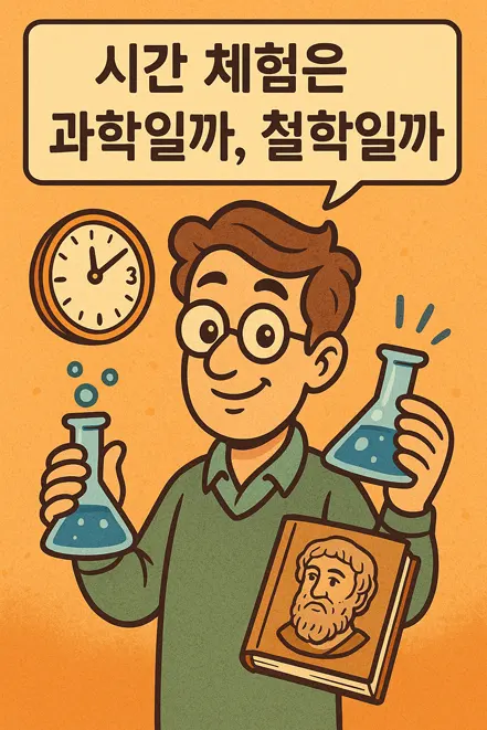 과학과 철학 사이에서 시간의 본질을 고민하는 사람을 표현한 만화풍 그림