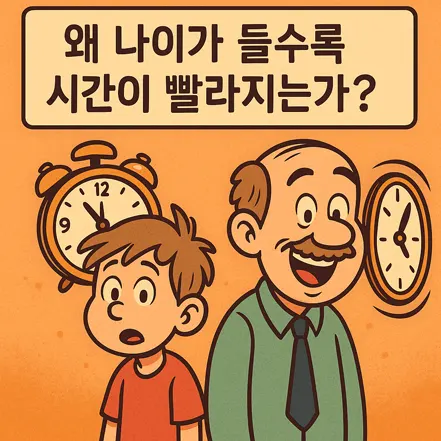 나이가 들수록 시간이 빨라지는 체감을 표현한 만화풍 일러스트