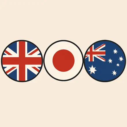 영국, 일본, 호주의 국기가 원형 아이콘 형태로 나란히 배열된 그래픽