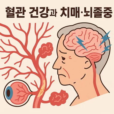 혈관 건강과 치매·뇌졸중의 연관성을 설명하는 일러스트 - 뇌와 눈 혈관 손상, 노인의 모습
