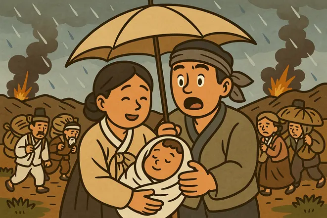 전쟁 중 피난길에 아기를 품고 우산을 쓰고 있는 부부의 모습