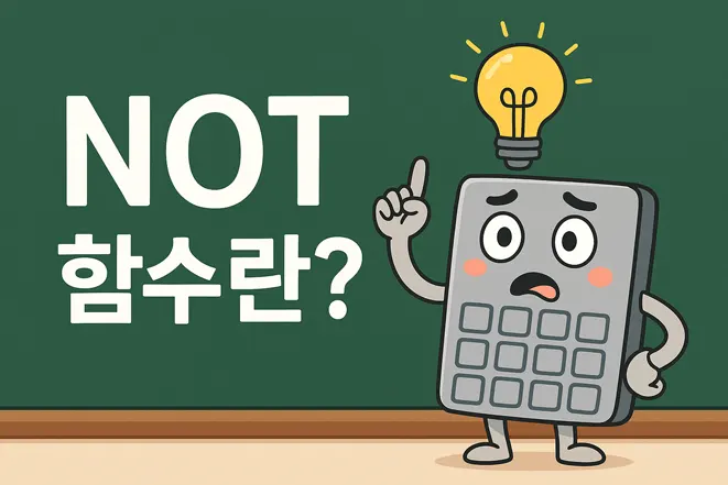 NOT 함수란? 칠판과 전구를 든 계산기 캐릭터 일러스트