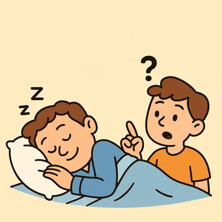 잠자는 사람과 옆에서 궁금해하는 아이의 만화 일러스트, 수면의 이유를 묻는 장면
