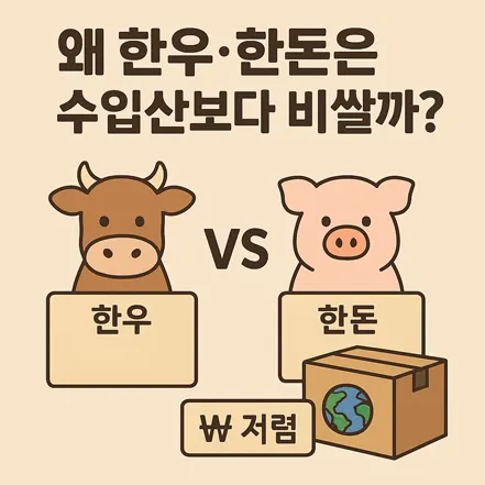 한우와 한돈이 수입산보다 비싼 이유를 설명하는 소와 돼지 캐릭터 일러스트