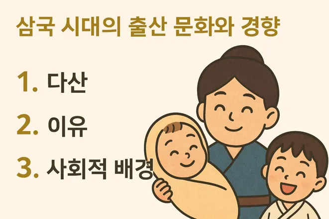 삼국시대 여성들이 아기를 안고 웃는 모습의 귀여운 삽화