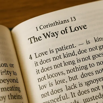 성경 고린도전서 13장 4절 Love is patient 구절이 적힌 성경책