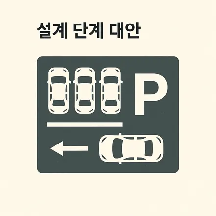 설계 단계 대안 텍스트와 주차장 아이콘, 여러 대의 차량이 배치된 인포그래픽