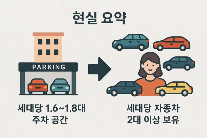 아파트 주차 공간은 세대당 1.6~1.8대인데 실제 차량 보유는 세대당 2대 이상인 현실을 보여주는 인포그래픽