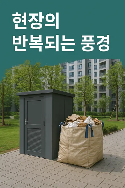 아파트 단지의 좁은 분리수거장 앞에 대형 포대가 놓여 있고, 상단에 '현장의 반복되는 풍경'이라는 문구가 있는 이미지