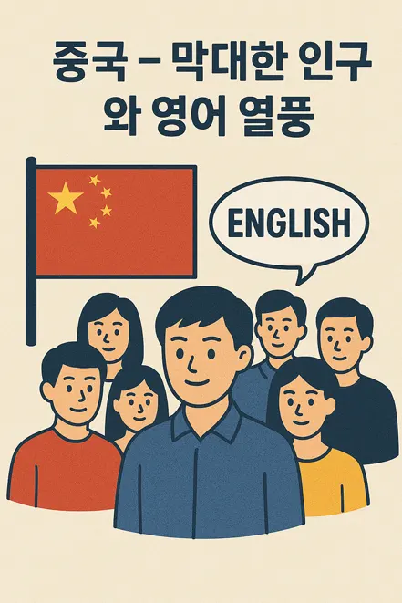 중국 국기와 함께 여러 명의 학생들이 영어 학습을 상징하는 'ENGLISH' 말풍선과 함께 있는 삽화