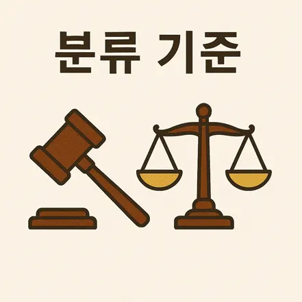 분류 기준을 나타내는 인포그래픽. 왼쪽에는 판사봉, 오른쪽에는 저울 아이콘이 배치됨