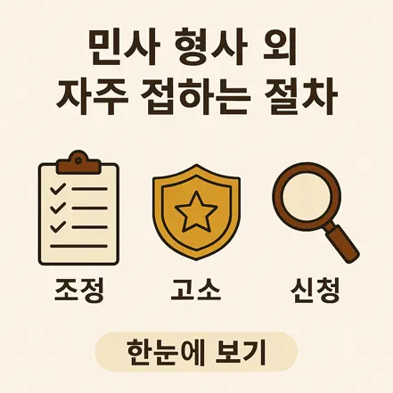 민사와 형사 외에도 자주 접하는 절차를 설명하는 인포그래픽. 조정은 체크리스트, 고소는 방패, 신청은 돋보기 아이콘으로 표현됨