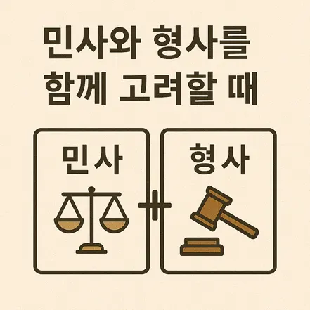 민사와 형사를 함께 고려하는 상황을 표현한 인포그래픽. 민사는 저울 아이콘, 형사는 판사봉 아이콘으로 구분됨
