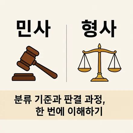 민사와 형사를 각각 판사봉과 저울로 표현한 이미지, 아래에 ‘분류 기준과 판결 과정, 한 번에 이해하기’라는 문구 포함