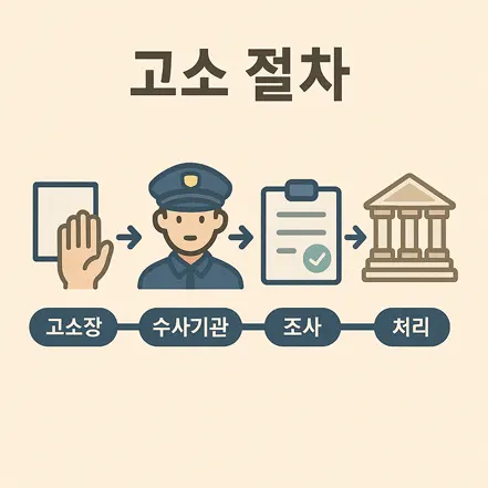 고소 절차를 단계별로 나타낸 아이콘 이미지 (고소장, 수사기관, 조사, 처리)