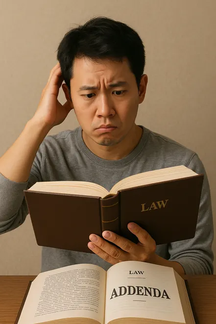 법전을 읽으며 부칙 부분을 보고 혼란스러워하는 남성