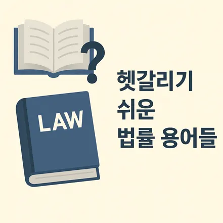 법전, 열린 책, 물음표 아이콘과 헷갈리기 쉬운 법률 용어들이라는 글자가 있는 일러스트