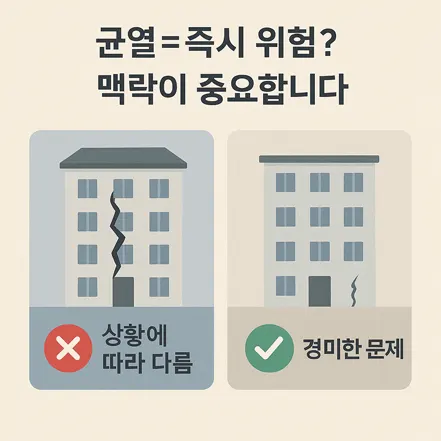 아파트 벽 균열의 위험성을 설명하는 인포그래픽, 상황에 따라 위험하거나 경미한 문제일 수 있음을 강조