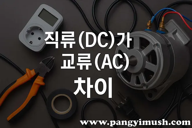 멀티미터, 절연테이프, 전선, 플러그, 전기 모터 등 공구와 부품 위에 '직류(DC)와 교류(AC) 차이'라는 글자가 쓰여 있는 이미지