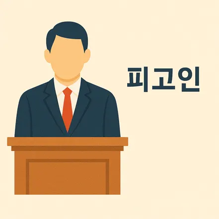 법정 연단에 서 있는 남성과 피고인이라는 글자가 함께 있는 일러스트