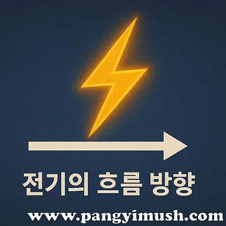 번개 심볼과 오른쪽으로 향하는 흰색 화살표, 전기의 흐름 방향이라는 문구가 있는 이미지