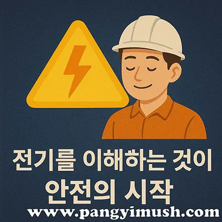 전기 안전을 강조하는 경고 표지판과 안전모를 쓴 작업자의 일러스트