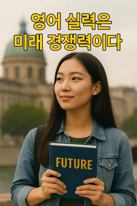 책에 'FUTURE'라고 쓰여 있는 표지를 들고 미래를 바라보는 여성과 '영어 실력은 미래 경쟁력이다'라는 문구