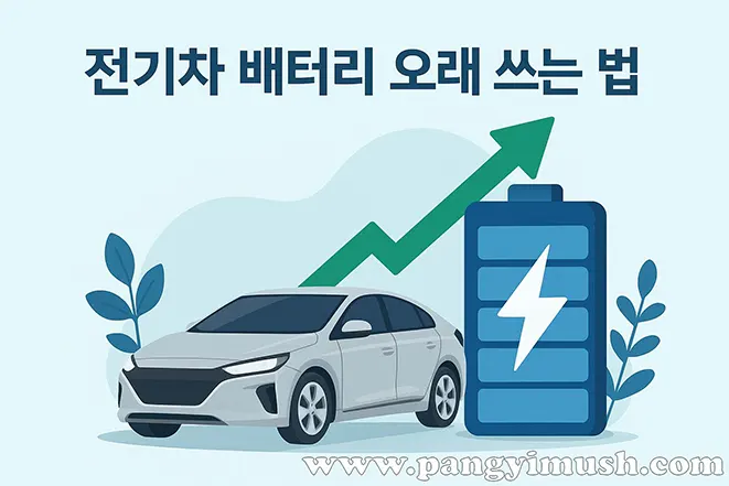 전기차 배터리를 오래 쓰는 방법을 설명하는 일러스트, 전기차와 배터리 아이콘, 상승 화살표