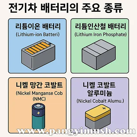 전기차 배터리 종류 인포그래픽 – 리튬이온, 리튬인산철, 니켈 망간 코발트, 니켈 코발트 알루미늄