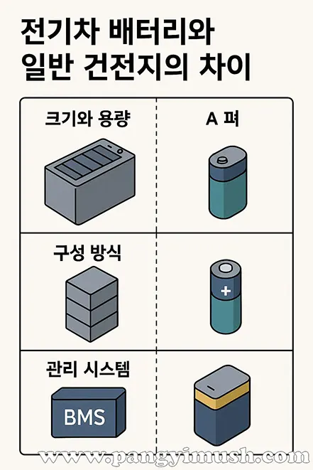 전기차 배터리와 일반 건전지 비교 인포그래픽 – 크기, 구성 방식, 관리 시스템 차이
