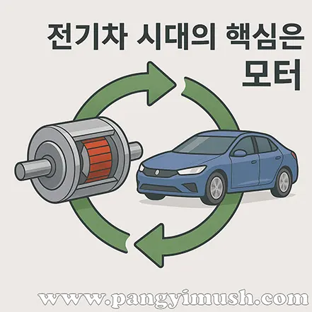 전기차와 모터를 연결하여 전기차 시대의 핵심이 모터임을 표현한 일러스트