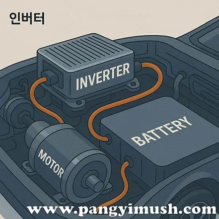 전기차 인버터, 모터, 배터리 연결 구조를 설명하는 일러스트