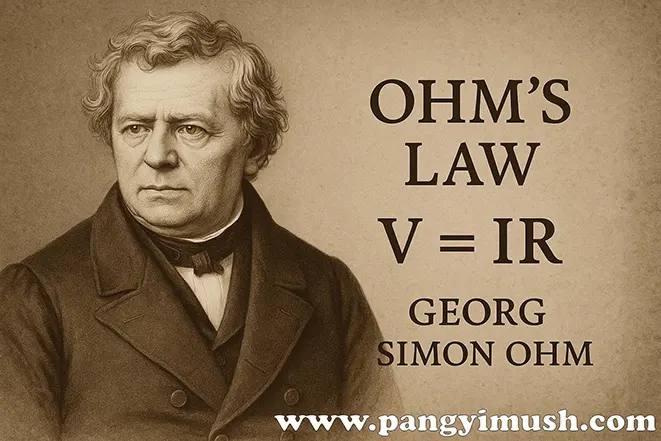 게오르크 시몬 옴(Georg Simon Ohm)의 초상화와 옴의 법칙 V=IR 공식